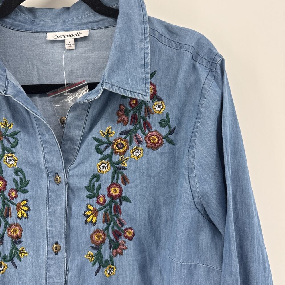Floral Large Embroidered Chambray Denim Roll Tab Sleeve Shirt Women Art To Wear
